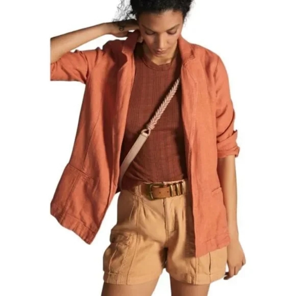 Anthropologie Rust Orange Open Linen-Blend Blazer